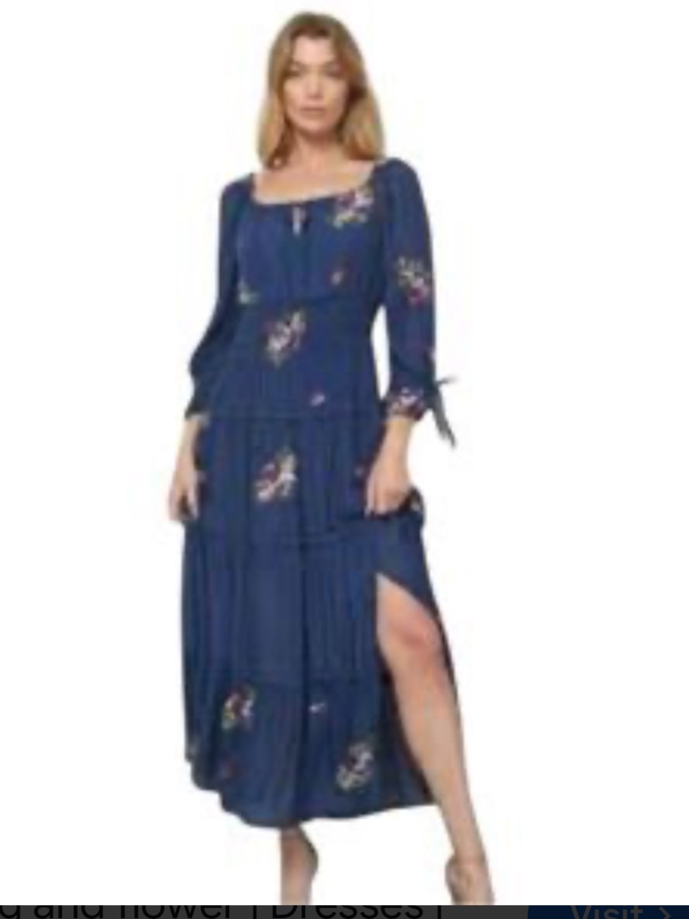 Anthropologie Blue Embroidered Floral Maxi Dress with Side Slit. Size Large